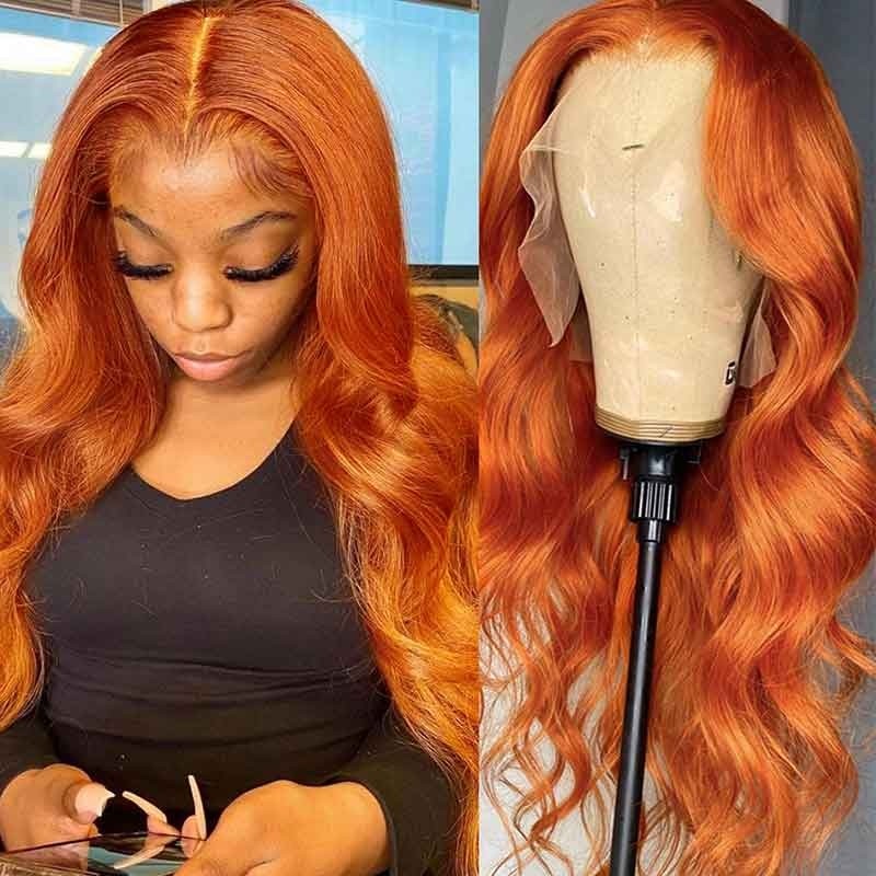 Nadula Colored Orange Ginger Lace Part Wig Human Hair  T Part Body  Wave Wig With Baby Hair | Nadula