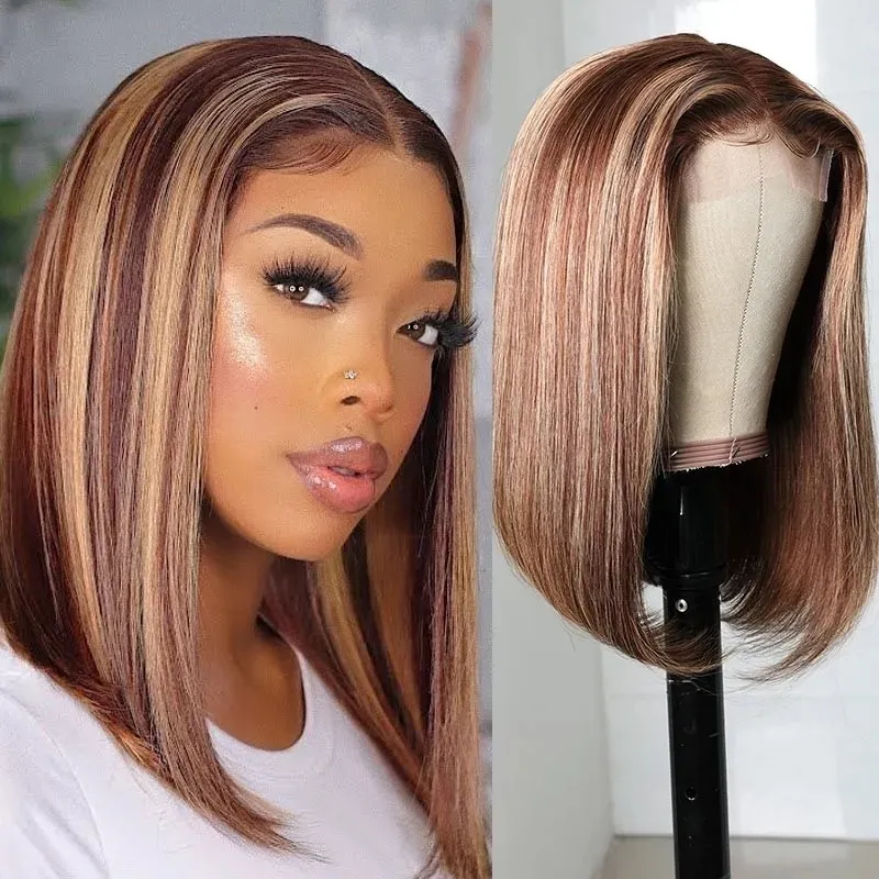 Nadula Highlight Straight Bob Wigs With Baby Hair  Inch Lace Middle  Part Wigs Brown Color Wigs Human Hair | Nadula