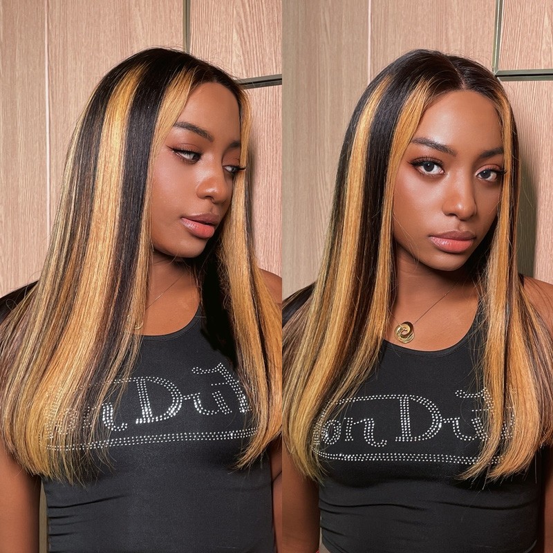 Nadula Lace Front Honey Blonde Balayage Straight Wig Dark Roots With Money  Piece #1B27B Ombre Brown Highlights Wig With Baby Hair | Nadula