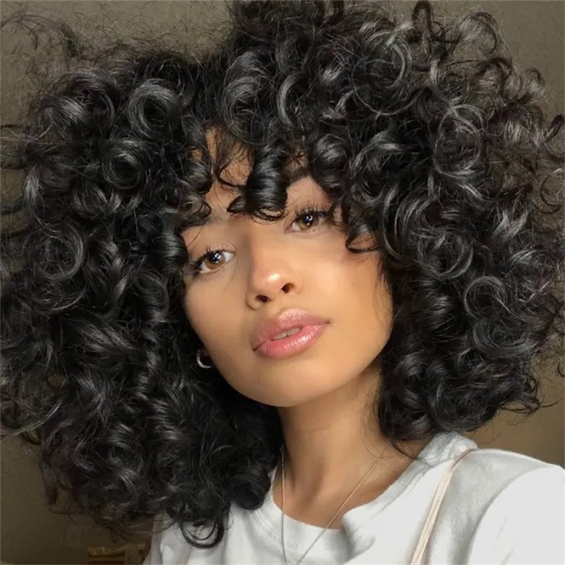 Nadula Short Bouncy Fluffy Curly Wig For Women Brazilian Human Hair Wigs  With Bangs | Nadula