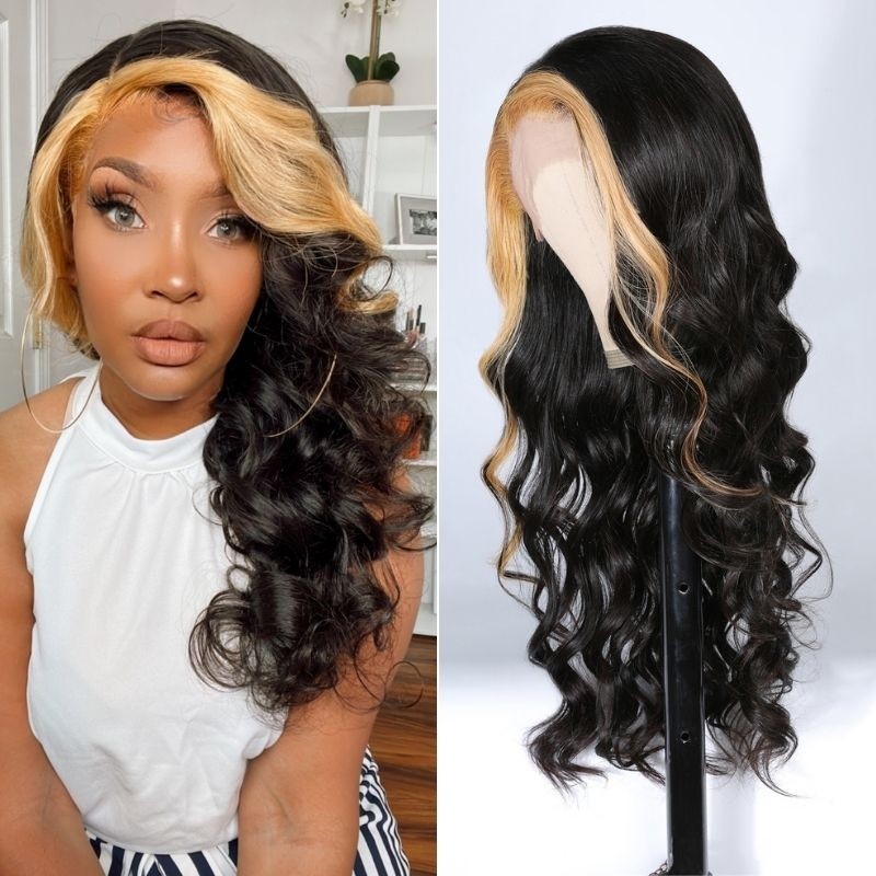 Nadula Skunk Stripe 13x4 Lace Front Loose Wave Wigs 150% Density Black Hair  With Honey Blonde Highlights Wig For Women | Nadula