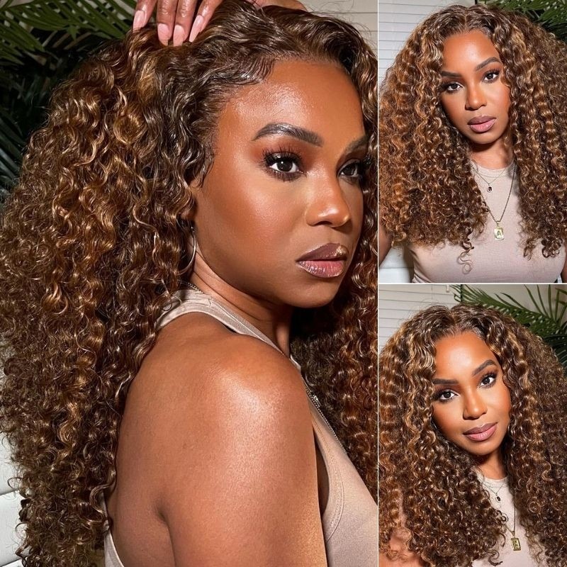 Nadula T Part Honey Blonde Highlight Brown Curly Lace Wigs Pre Plucked  Highlight Jerry Curly Human Hair Wig With Baby Hair | Nadula